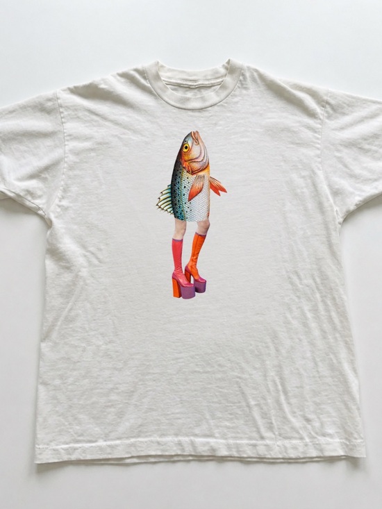 Gildan Tops - White Tee with Fish Graphic and Orange & Pink Accents